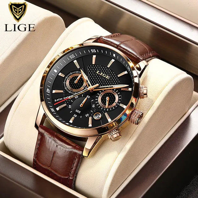 LIGE Top Brand Luxury Leather Casual Quartz