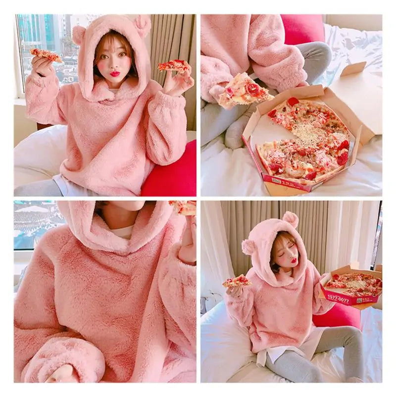 Soft Cozy Charm Pink Bear Fur Hoodie