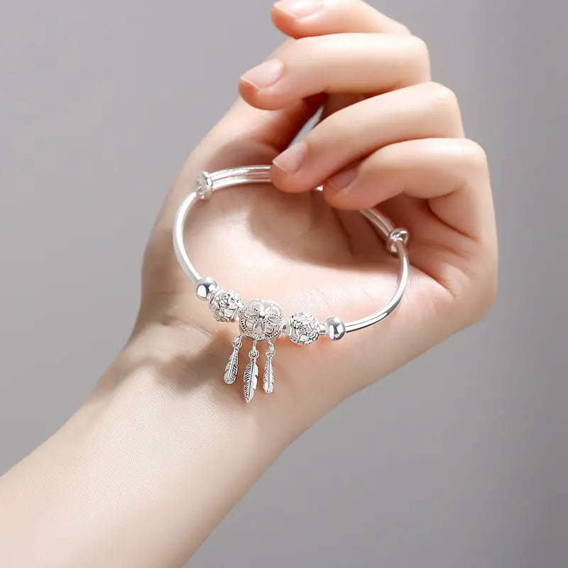 Adjustable 925 Silver Color Bangle Cuff Dreamcatcher Bracelet