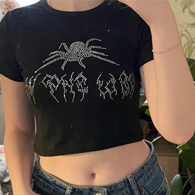 Spider Rhinestone Summer Crop Tops