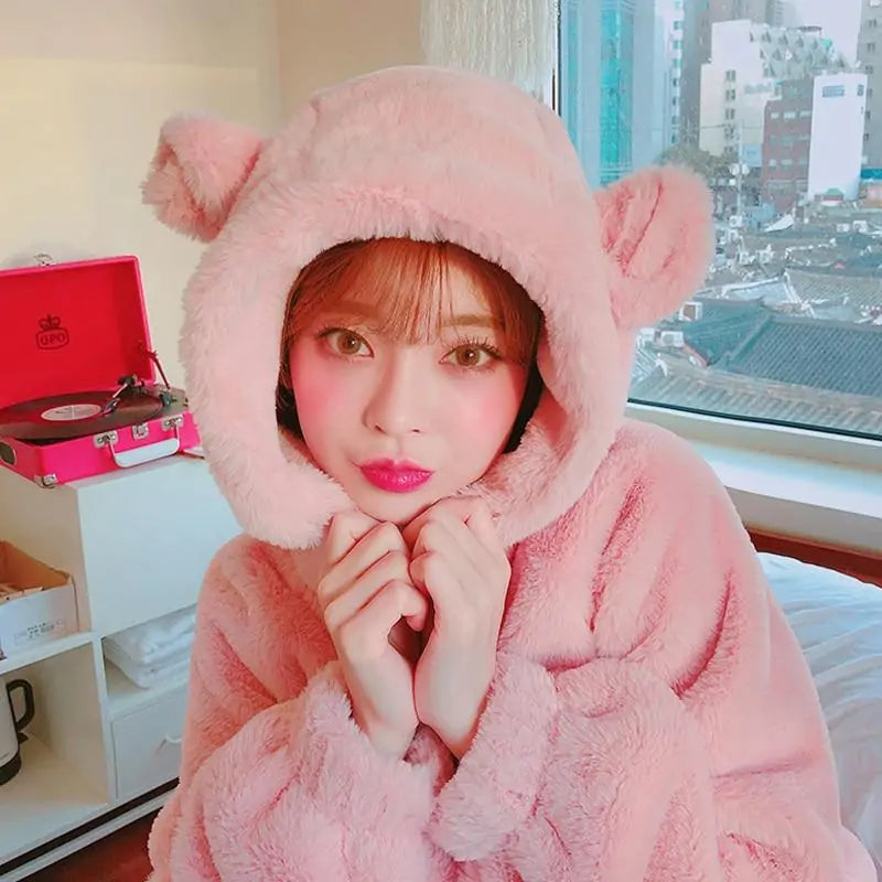 Soft Cozy Charm Pink Bear Fur Hoodie