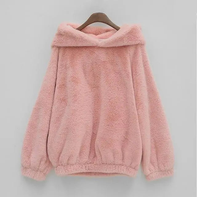 Soft Cozy Charm Pink Bear Fur Hoodie