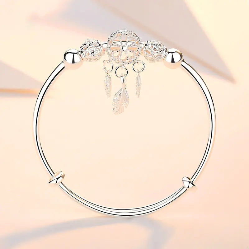 Adjustable 925 Silver Color Bangle Cuff Dreamcatcher Bracelet