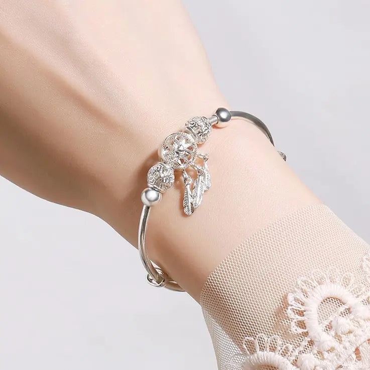 Adjustable 925 Silver Color Bangle Cuff Dreamcatcher Bracelet