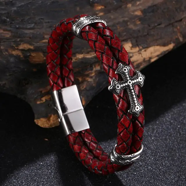 Luxury Multicolor Cross Design Stainless Steel Leather Bangle Bracelet