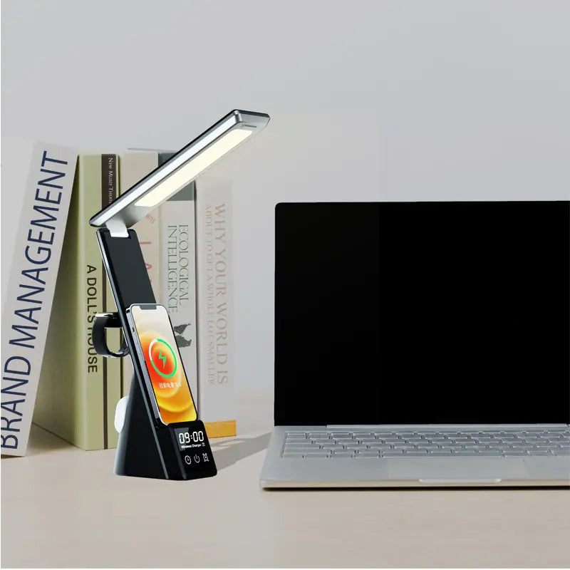 3 in 1 QI Wireless Charger LED Desk Lamp With Alarm Clock Eye Protect Table