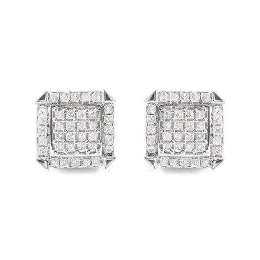 10K White Gold 1 1/10 Cttw Princess Diamond Composite and Halo Stud Earrings (I-J Color, I1-I2 Clarity) BLL