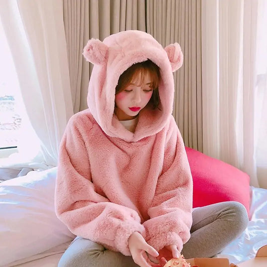 Soft Cozy Charm Pink Bear Fur Hoodie