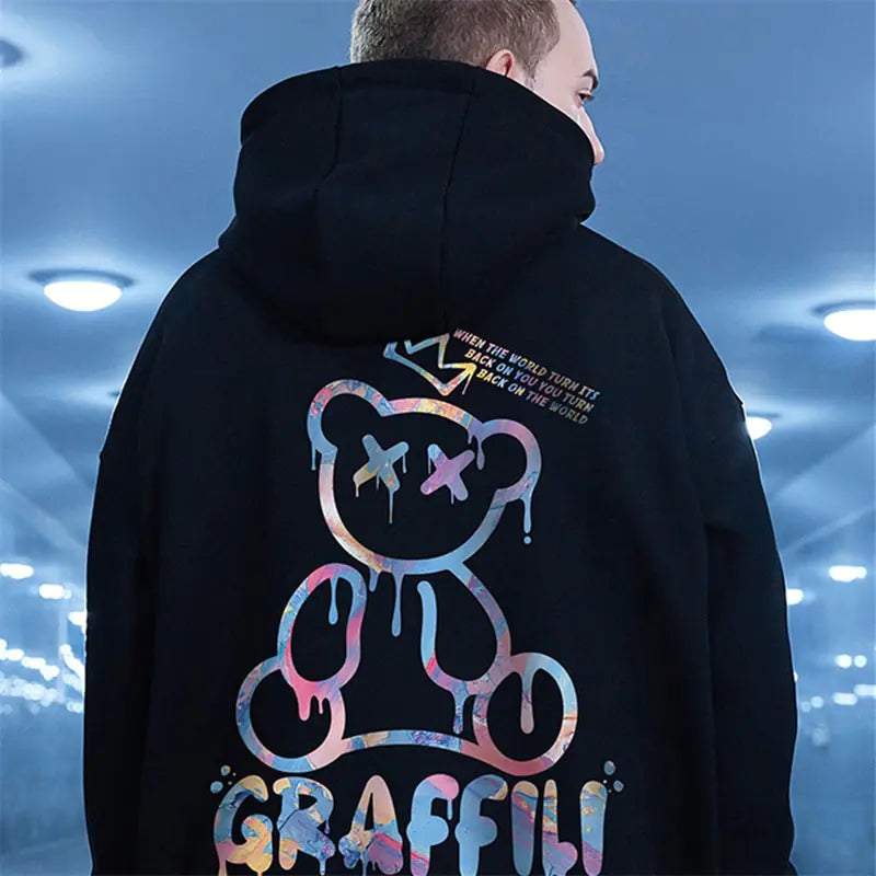 High Street Graffiti Bear Print Men's Fleece Hoodie