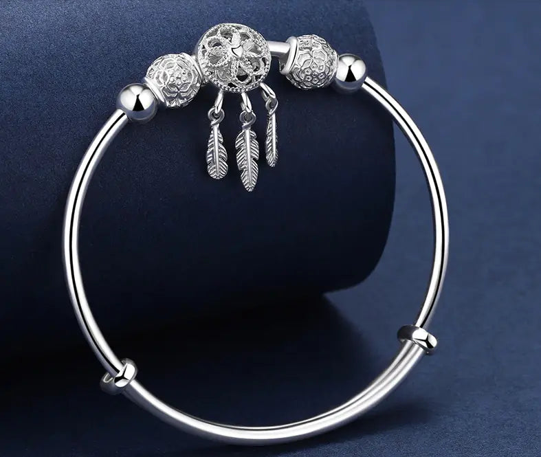 Adjustable 925 Silver Color Bangle Cuff Dreamcatcher Bracelet