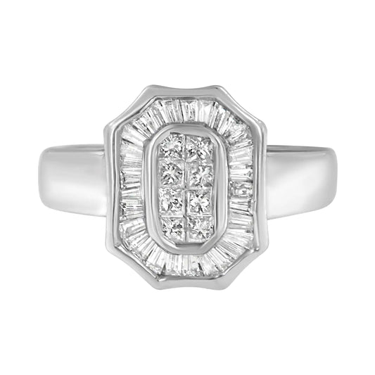 14K White Gold 1.00 Cttw Baguette and Princess-Cut Diamond Cocktail Art Deco Style Ring (H-I Color, SI1-SI2 Clarity) BLL