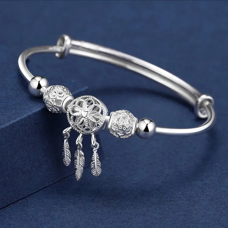 Adjustable 925 Silver Color Bangle Cuff Dreamcatcher Bracelet